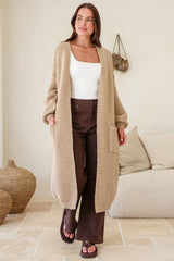 Jacky Cardigan - Ribbed Longline Knit with Balloon Sleeves and Pockets in Beige