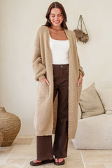 Jacky Cardigan - Ribbed Longline Knit with Balloon Sleeves and Pockets in Beige