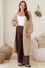 Jacky Cardigan - Ribbed Longline Knit with Balloon Sleeves and Pockets in Beige