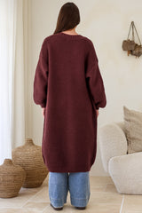 Jacky Cardigan - Ribbed Longline Knit with Balloon Sleeves and Pockets in Wine