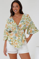 Jacobson Top - Peplum Top with Side Cut Outs and Voluminous Sleeves in LaBella Print