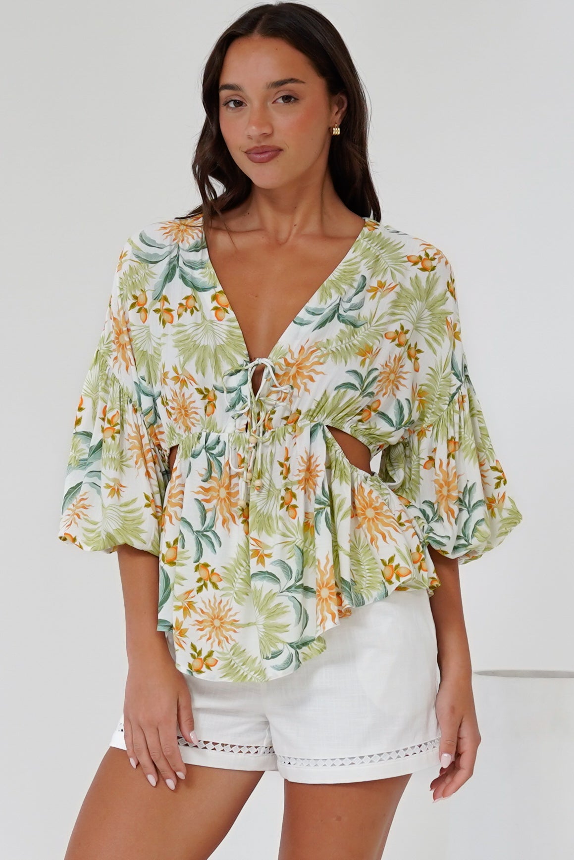 Jacobson Top - Peplum Top with Side Cut Outs and Voluminous Sleeves in LaBella Print