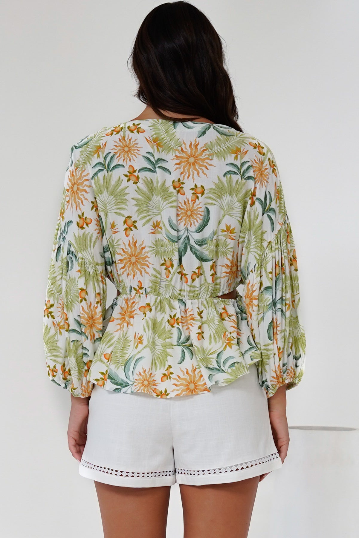 Jacobson Top - Peplum Top with Side Cut Outs and Voluminous Sleeves in LaBella Print