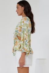 Jacobson Top - Peplum Top with Side Cut Outs and Voluminous Sleeves in LaBella Print