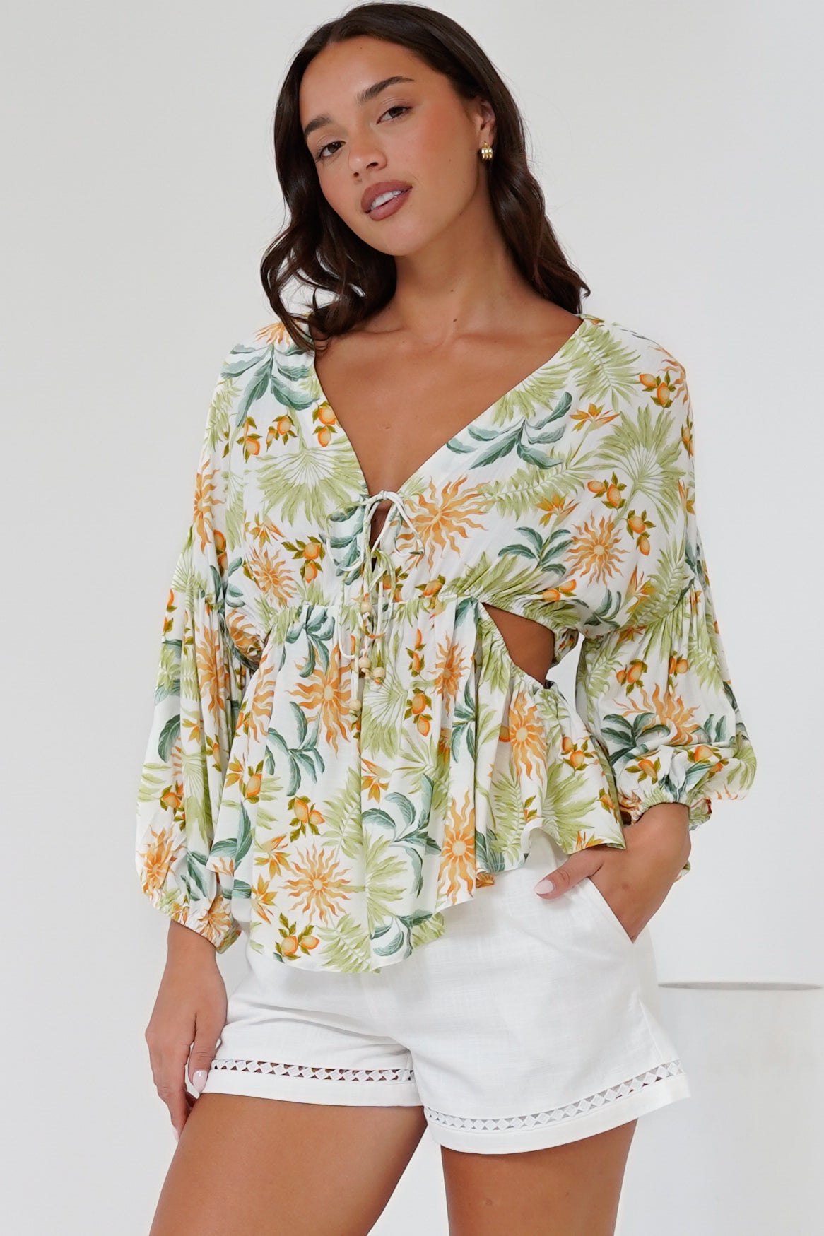 Jacobson Top - Peplum Top with Side Cut Outs and Voluminous Sleeves in LaBella Print