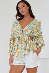Jacobson Top - Peplum Top with Side Cut Outs and Voluminous Sleeves in LaBella Print