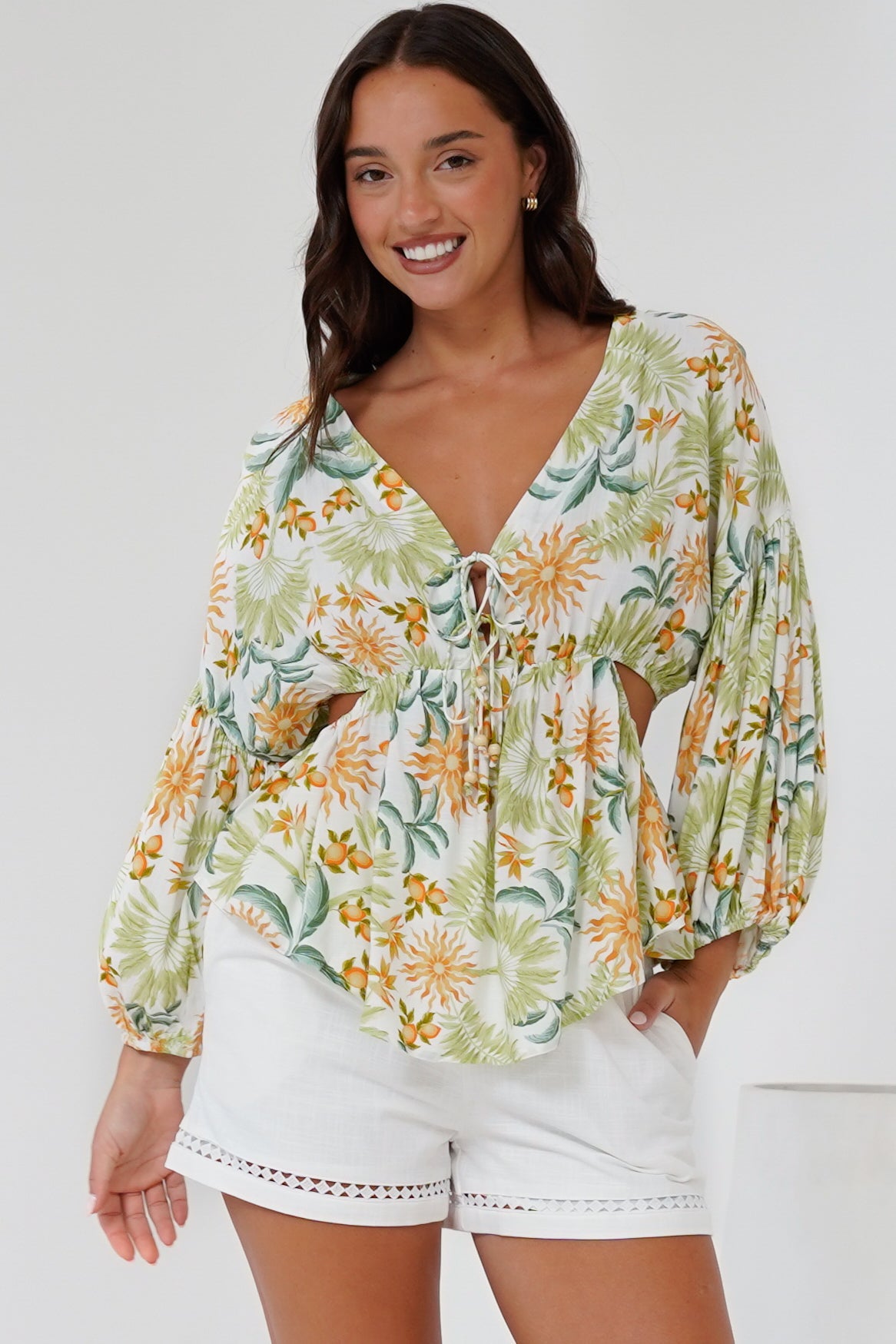 Jacobson Top - Peplum Top with Side Cut Outs and Voluminous Sleeves in LaBella Print