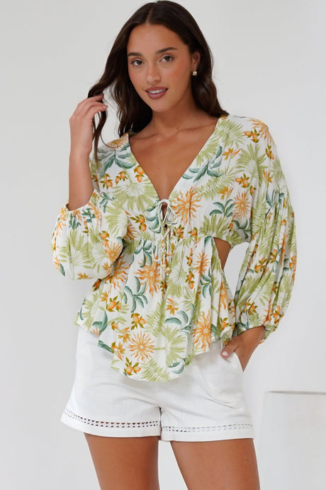 Jacobson Top - Peplum Top with Side Cut Outs and Voluminous Sleeves in LaBella Print