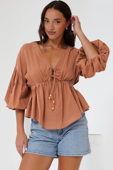 Jacobson Top - Peplum Top with Side Cut Outs and Voluminous Sleeves in Tan