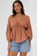 Jacobson Top - Peplum Top with Side Cut Outs and Voluminous Sleeves in Tan