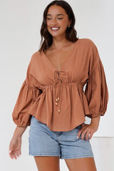 Jacobson Top - Peplum Top with Side Cut Outs and Voluminous Sleeves in Tan