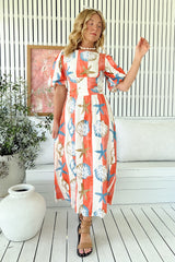 JAASE - Jada Maxi Dress: Crew Neck Billow Sleeve Low Back A-Line Dress with Bow in Long Island Print