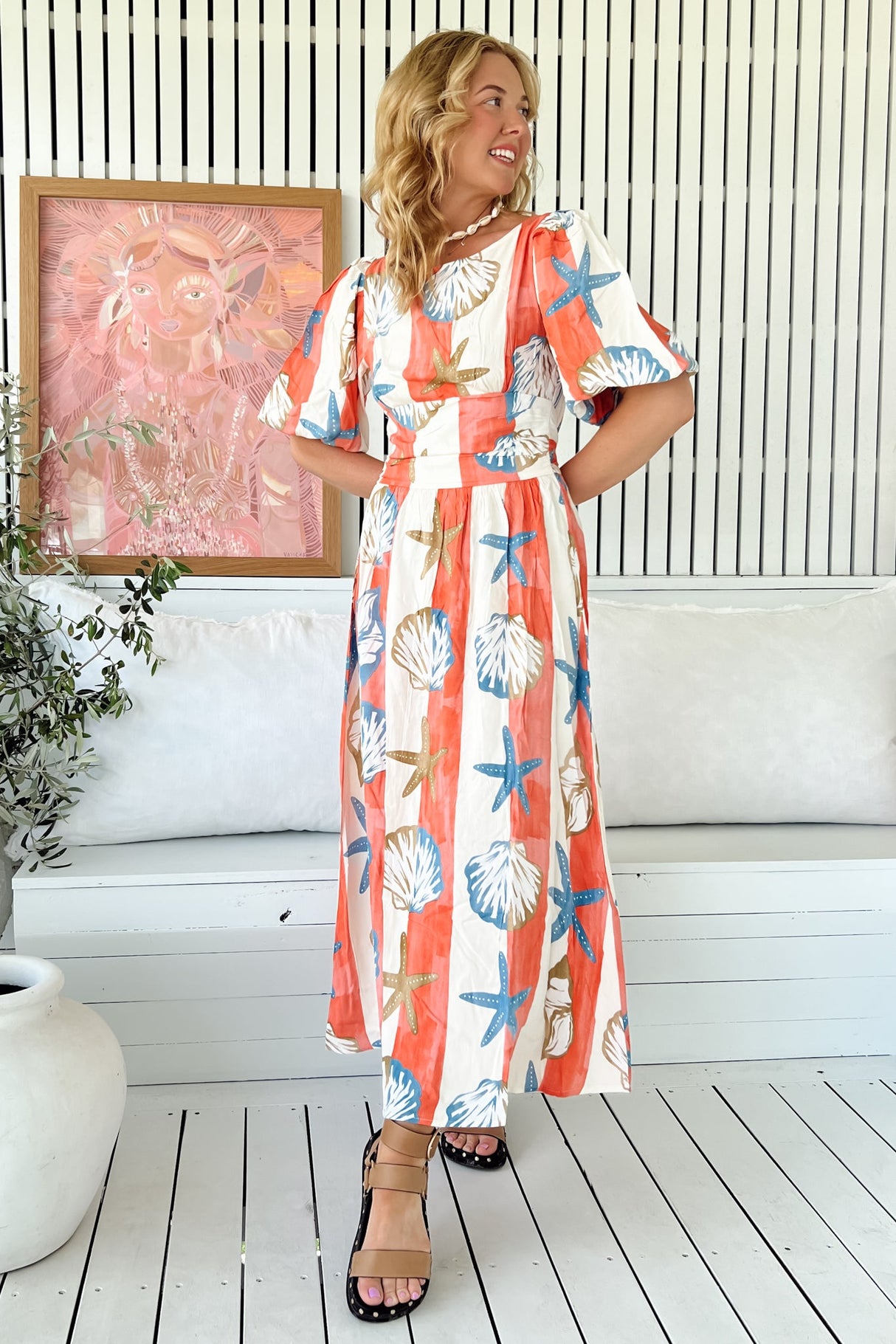 Jada Maxi Dress - Crew Neck Billow Sleeve Low Back A-Line Dress with Bow in Long Island Print