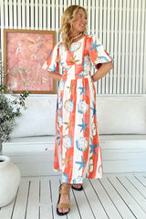 JAASE - Jada Maxi Dress: Crew Neck Billow Sleeve Low Back A-Line Dress with Bow in Long Island Print