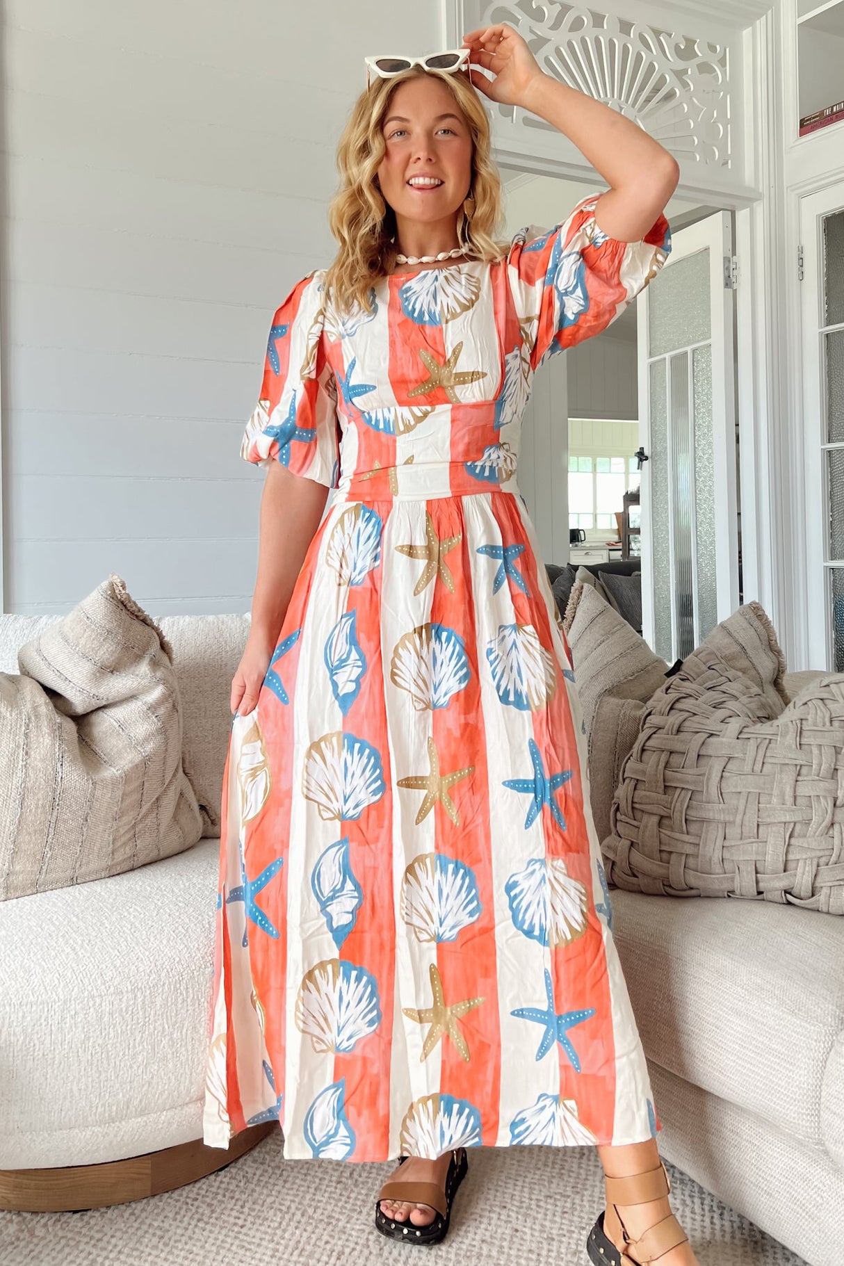 JAASE - Jada Maxi Dress: Crew Neck Billow Sleeve Low Back A-Line Dress with Bow in Long Island Print