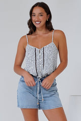 Jade Crop Top - V-Neck Button Down Pull Tie Waist Crop in Marie Print