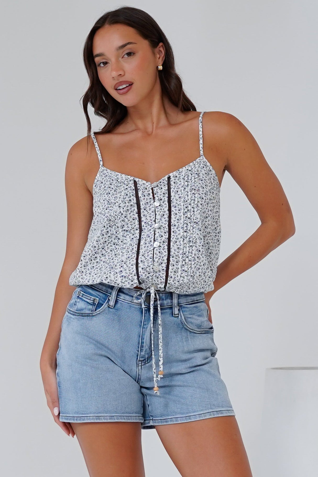 Jade Crop Top - V-Neck Button Down Pull Tie Waist Crop in Marie Print