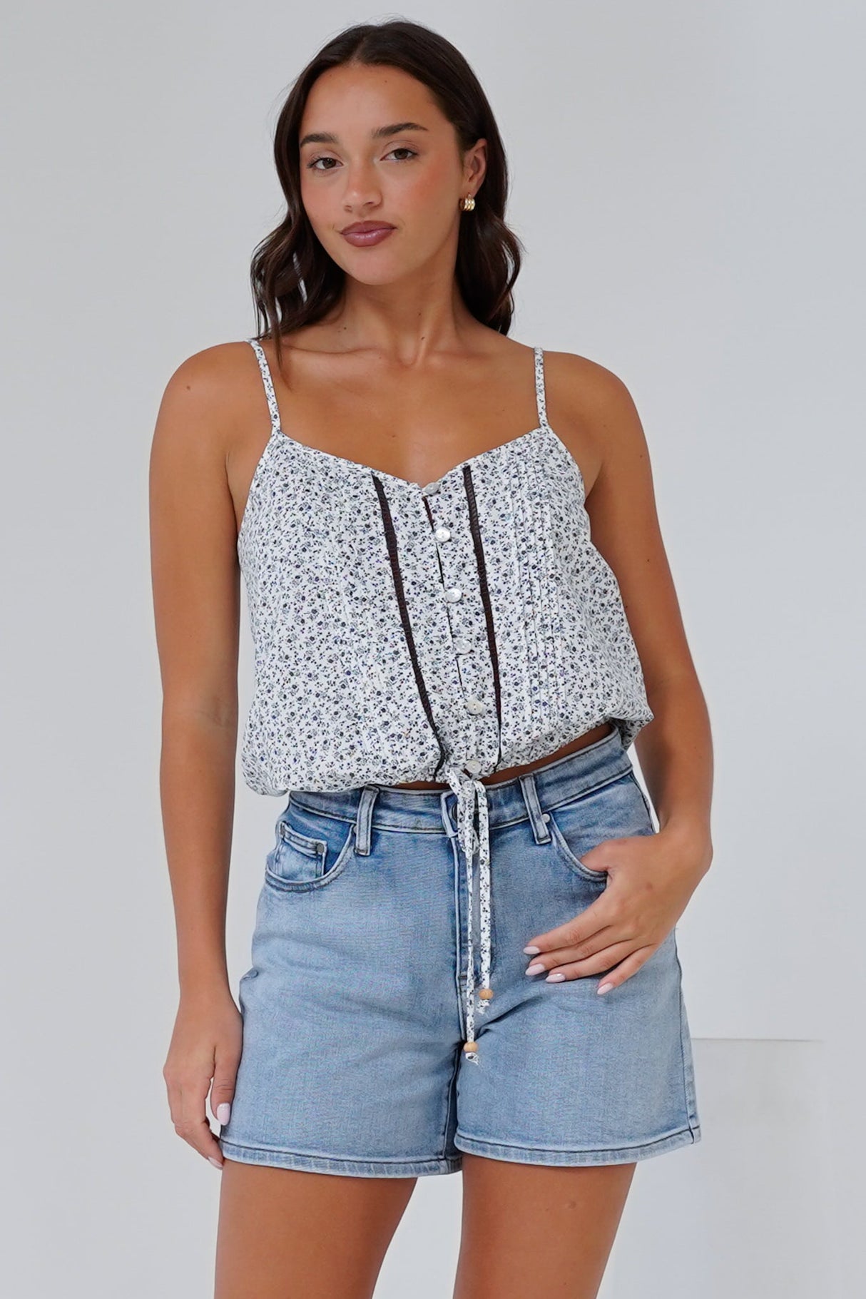 Jade Crop Top - V-Neck Button Down Pull Tie Waist Crop in Marie Print