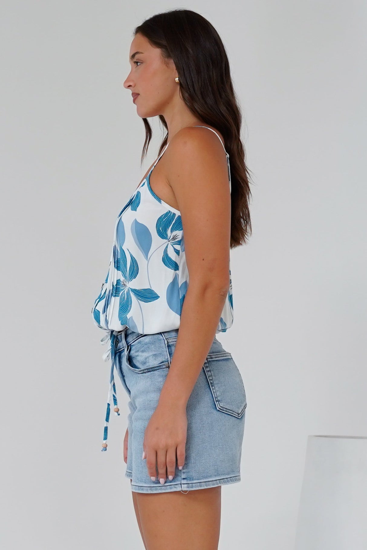 Jade Crop Top - V-Neck Button Down Pull Tie Waist Crop in Oceanic Print