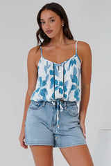 Jade Crop Top - V-Neck Button Down Pull Tie Waist Crop in Oceanic Print