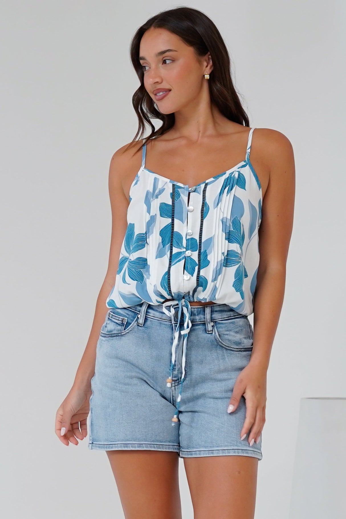 Jade Crop Top - V-Neck Button Down Pull Tie Waist Crop in Oceanic Print