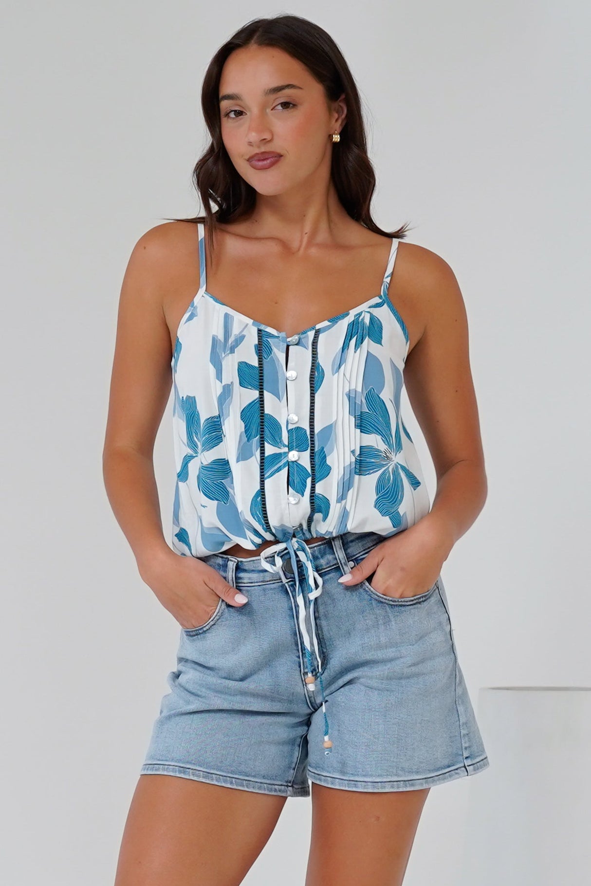 Jade Crop Top - V-Neck Button Down Pull Tie Waist Crop in Oceanic Print