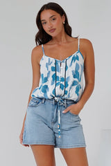 Jade Crop Top - V-Neck Button Down Pull Tie Waist Crop in Oceanic Print