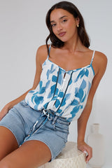 Jade Crop Top - V-Neck Button Down Pull Tie Waist Crop in Oceanic Print