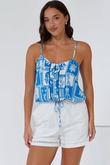 Jade Crop Top - V-Neck Button Down Pull Tie Waist Crop in Zinnia Print Blue