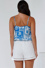 Jade Crop Top - V-Neck Button Down Pull Tie Waist Crop in Zinnia Print Blue