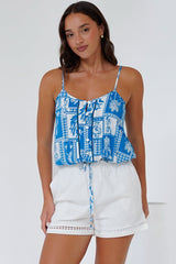 Jade Crop Top - V-Neck Button Down Pull Tie Waist Crop in Zinnia Print Blue
