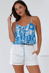 Jade Crop Top - V-Neck Button Down Pull Tie Waist Crop in Zinnia Print Blue