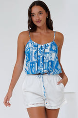 Jade Crop Top - V-Neck Button Down Pull Tie Waist Crop in Zinnia Print Blue