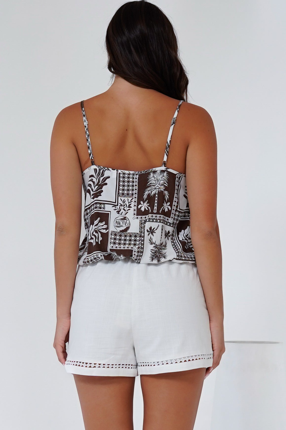 Jade Crop Top - V-Neck Button Down Pull Tie Waist Crop in Zinnia Print Brown