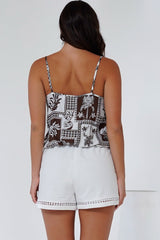 Jade Crop Top - V-Neck Button Down Pull Tie Waist Crop in Zinnia Print Brown