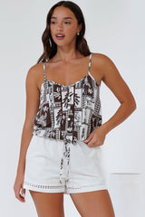 Jade Crop Top - V-Neck Button Down Pull Tie Waist Crop in Zinnia Print Brown