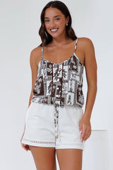 Jade Crop Top - V-Neck Button Down Pull Tie Waist Crop in Zinnia Print Brown