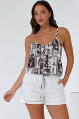 Jade Crop Top - V-Neck Button Down Pull Tie Waist Crop in Zinnia Print Brown