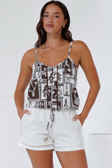 Jade Crop Top - V-Neck Button Down Pull Tie Waist Crop in Zinnia Print Brown