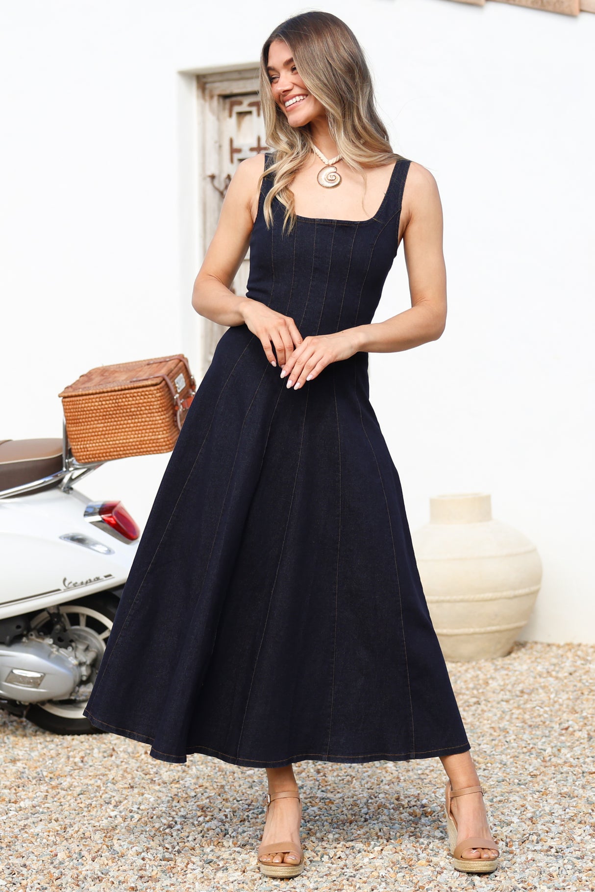 Jadely Midi Dress - Adjustable Strap A-Line Denim Sun Dress in Dark Denim