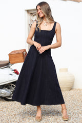 Jadely Midi Dress - Adjustable Strap A-Line Denim Sun Dress in Dark Denim