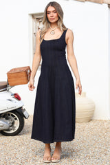 Jadely Midi Dress - Adjustable Strap A-Line Denim Sun Dress in Dark Denim
