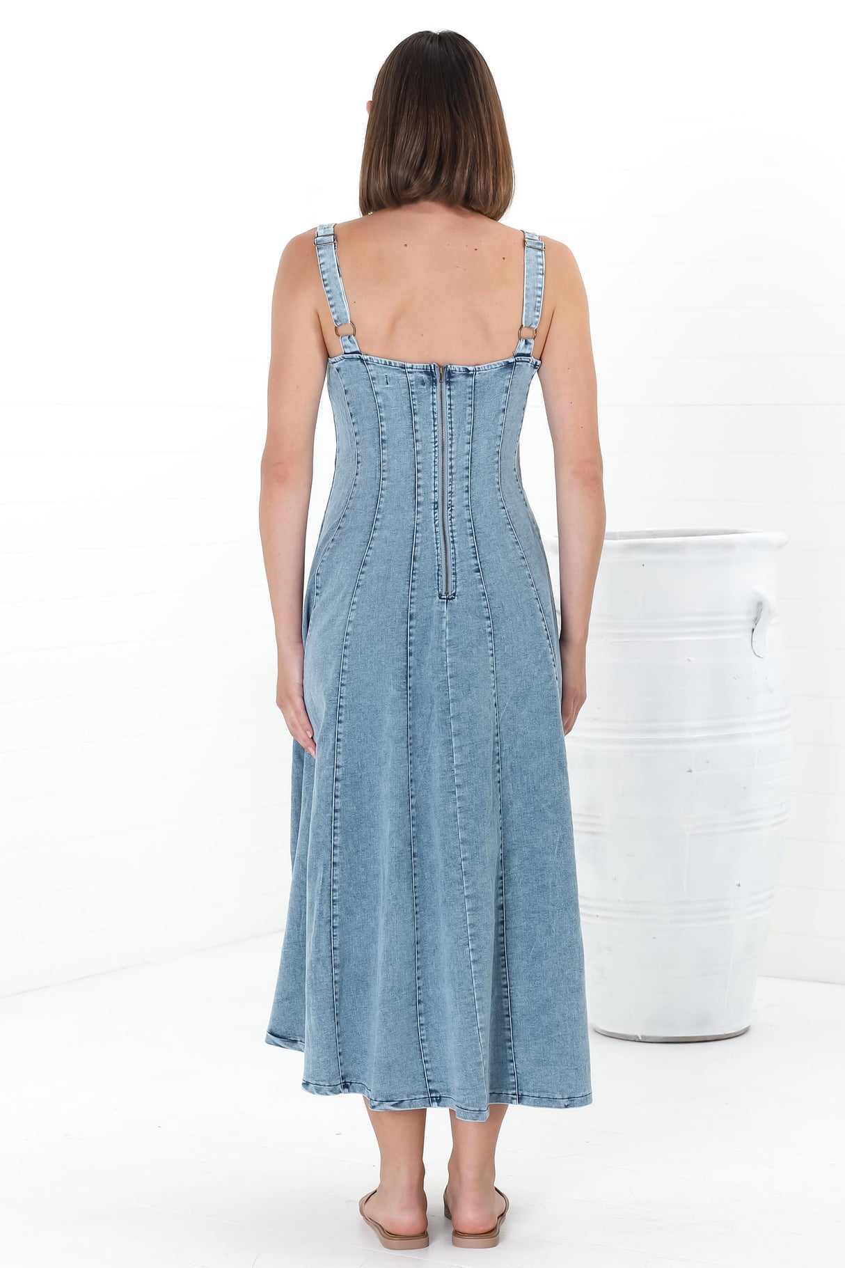 Jadely Midi Dress - Adjustable Strap A-Line Denim Sun Dress in Light Denim