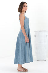 Jadely Midi Dress - Adjustable Strap A-Line Denim Sun Dress in Light Denim