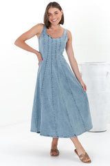 Jadely Midi Dress - Adjustable Strap A-Line Denim Sun Dress in Light Denim