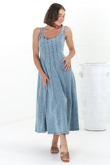 Jadely Midi Dress - Adjustable Strap A-Line Denim Sun Dress in Light Denim