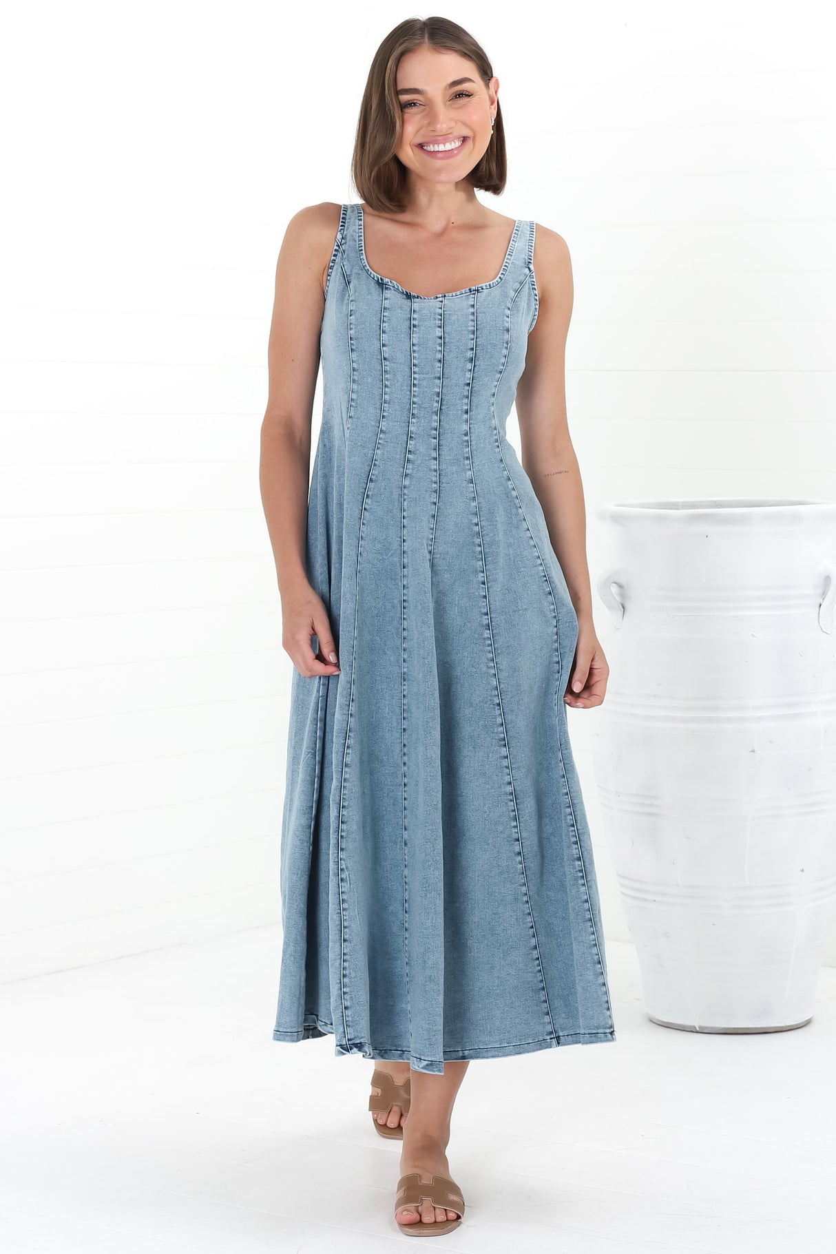 Jadely Midi Dress - Adjustable Strap A-Line Denim Sun Dress in Light Denim