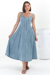 Jadely Midi Dress - Adjustable Strap A-Line Denim Sun Dress in Light Denim