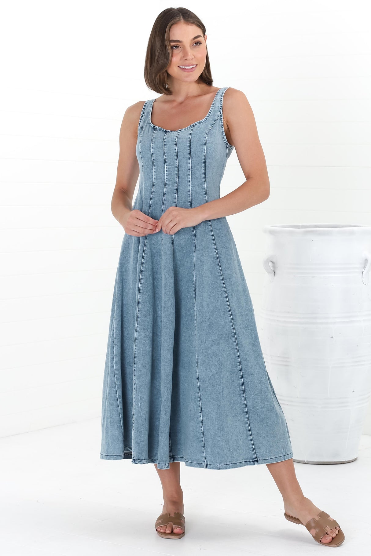 Jadely Midi Dress - Adjustable Strap A-Line Denim Sun Dress in Light Denim