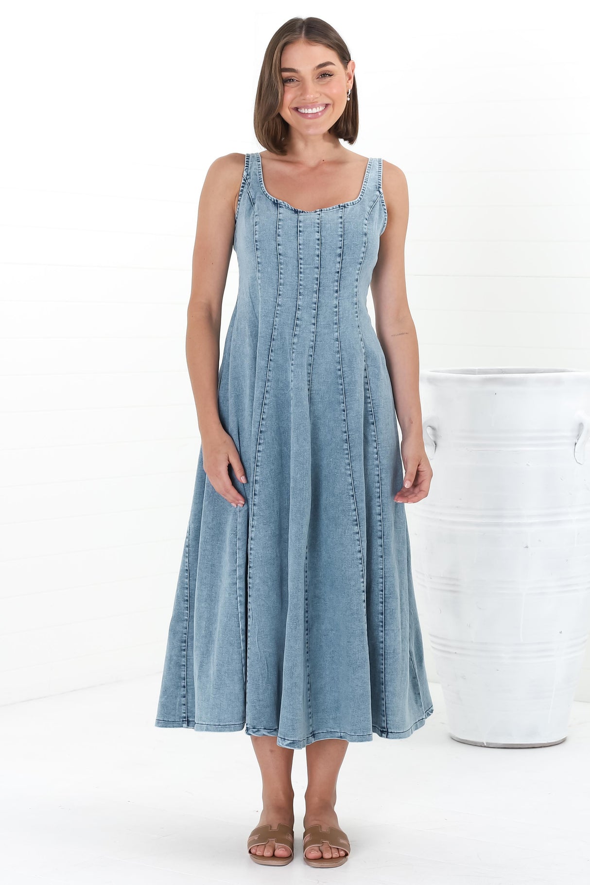 Jadely Midi Dress - Adjustable Strap A-Line Denim Sun Dress in Light Denim